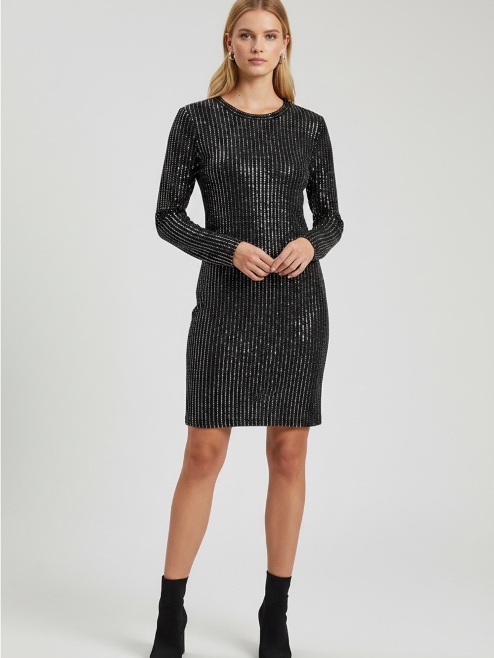 Morgan & Co. Party Event Black Long-Sleeve Sequin  Dress with Silver Accents L